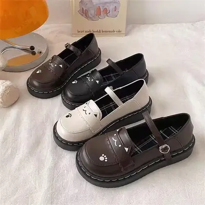 Women British Style Platform Leather Loafers Black 2024