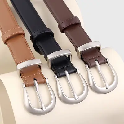 Women's Black Leather Buckle Belt with Silver Plate