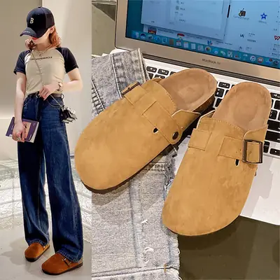 Women Tan Belt Buckle Slippers Retro Heightened