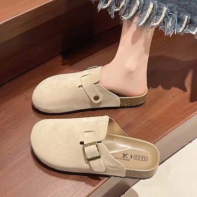 Women's Beige Flat Slip-on Mules with Buckle