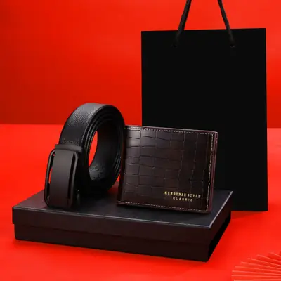 Men's Black Croc Leather Belt Wallet with Automatic Buckle