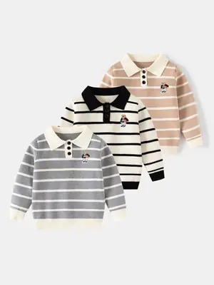 Kids Striped Sweater Set for Boys with Embroidered Lapels