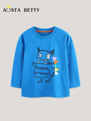 Blue Knitted Cotton Boys T-Shirt Round Neck Cartoon Print