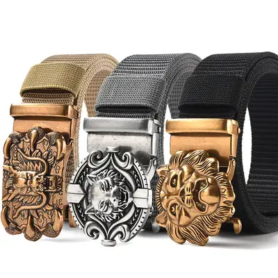 Men's Chinese Dragon Belt with Silver Wolf & Golden Lion Buckle