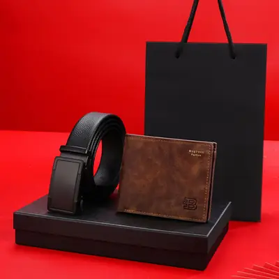 Men's Brown Leather Belt Wallet with Automatic Buckle