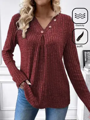 Women's V-Neck Knitted Shirt Maroon Long Sleeve