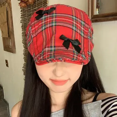 Women's Red Plaid Bow Forward Hat Summer