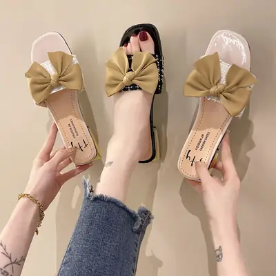 Women Square Toe Bow Low Heel Flip Flops Summer
