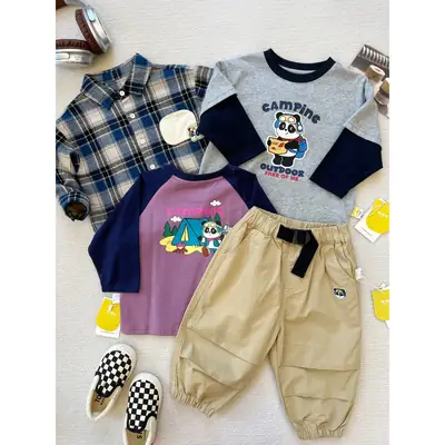 Boys' T-Shirt & Pants Set with Plaid & Cartoon Design