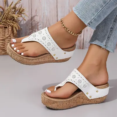White Embroidered Wedge Sandals for Women