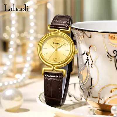 Labaoli Women's Gold Quartz Watch with Brown Leather Strap