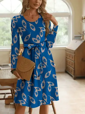 Blue Printed Fleece Belted Mid-Length Dress for Women