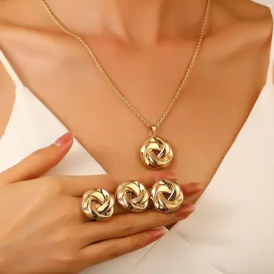 European American Twist Necklace Earrings Ring Set Gold