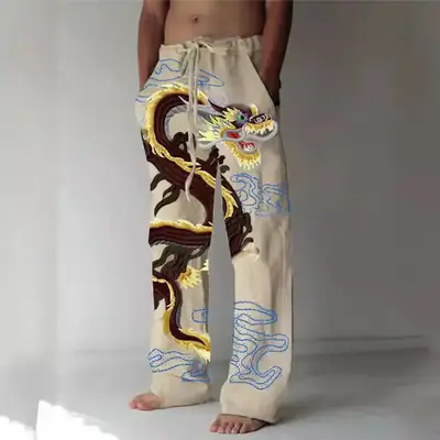 Men Dragon Printed Wide Leg Pants White Black