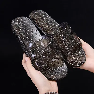 Women's Pink Crystal Flat Slippers Transparent Non-Slip Summer Home
