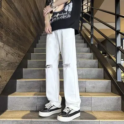 Men Ripped Straight White Jeans 2024 Xiagao Style