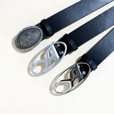 Women's Black PU Leather Belt with Logo Buckle