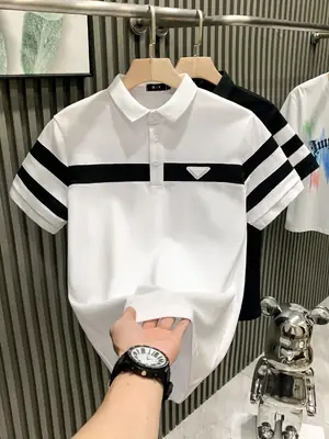 Men's White Striped Short Sleeve Polo Shirt with Black Sleeves