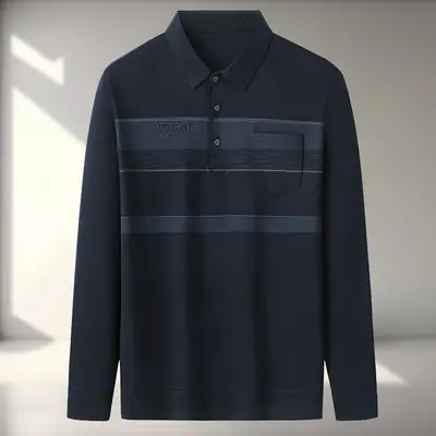 Dad Long Sleeve Polo Shirt Black Striped Grandpa Pockets
