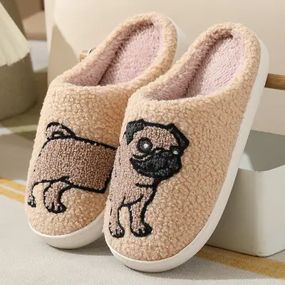 New Comfortable Home Cute Cartoon Dog Fighting Winter Cotton Slippers for Men and Women Couple Warm Indoor and Outdoor Cotton Slippers