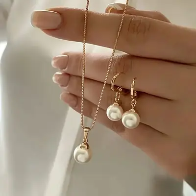 Gold Pearl Necklace Set with Earrings for Women