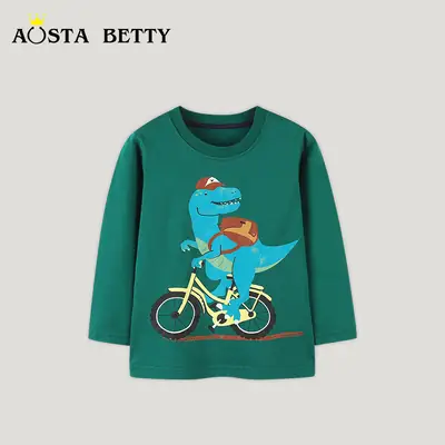 Spring Boy's Green Cartoon Dinosaur T-Shirt