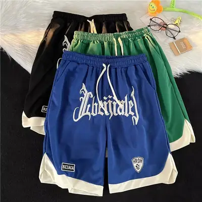 Men Embroidered Shorts Blue Green Black Large Summer