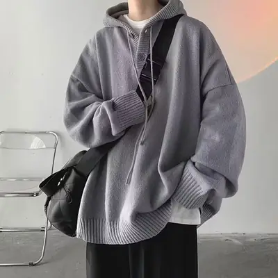 Men's Grey Hooded Sweatshirt Jacket Winter Warm Cozy