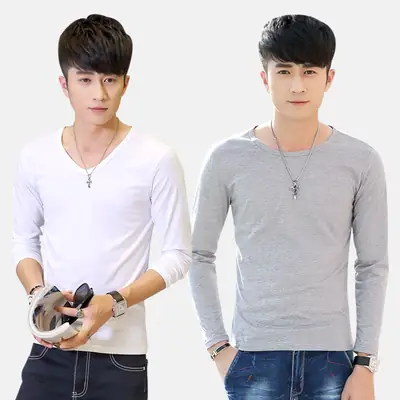 Men Long Sleeve V-Neck T-Shirt Grey White