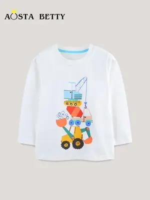 European American Boy T-Shirt Cartoon Excavator Print