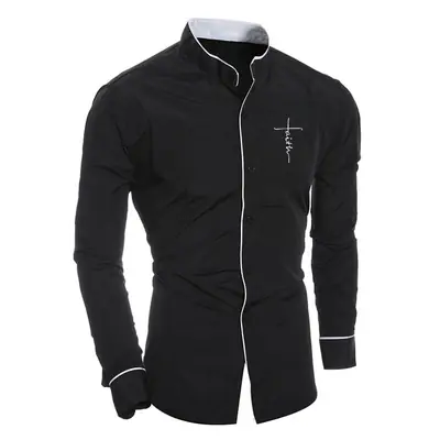 Men's Black Slim Fit Long Sleeve Button Shirt with Cross Embroidery