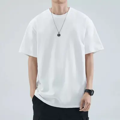 Men Cotton Crewneck T-Shirt 240g Summer Loose Casual