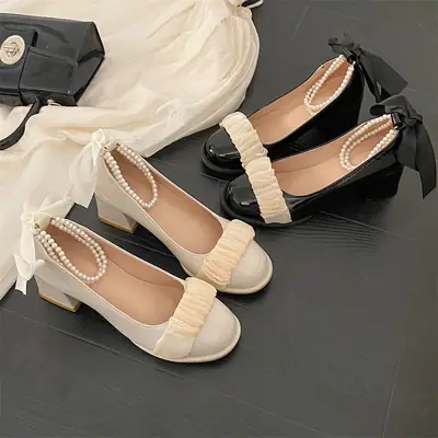 Mary Jane Pearl Bow High Heels Women Square Toe