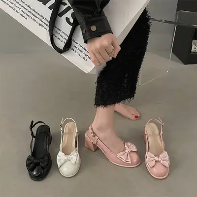 Women's Black Bow Round Toe Heel Sandals 2025