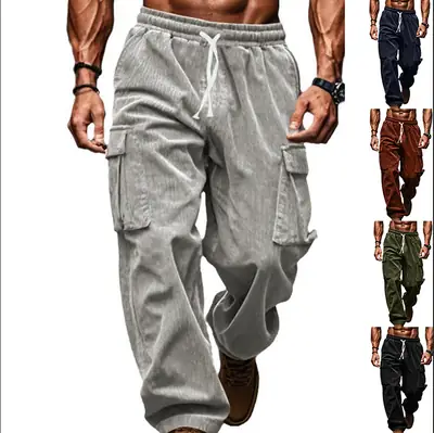 Men's Black Corduroy Trousers Autumn Winter Wide Leg Multi Pocket