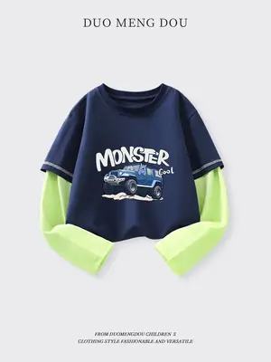 Boys' Blue Monster T-Shirt Long Sleeve Cartoon Kids