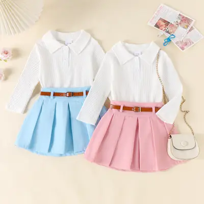 Girls Pleated Skirt Set White Blue Pink Belted Lapel Shirt