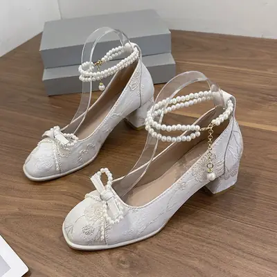 High Heels for Women 2025 New New Chinoiserie Bow Pearl Chain Square Toe Shallow Mouth Thick Heel Versatile Mary Jane Shoes