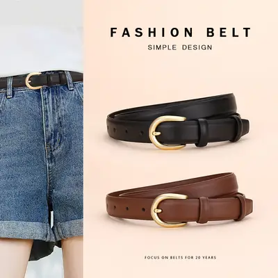 Women's Leather Belt Brown Gold Buckle 100cm