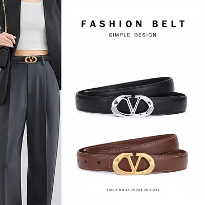 Women's Light Grey V-Neck Belt with Silver Buckle