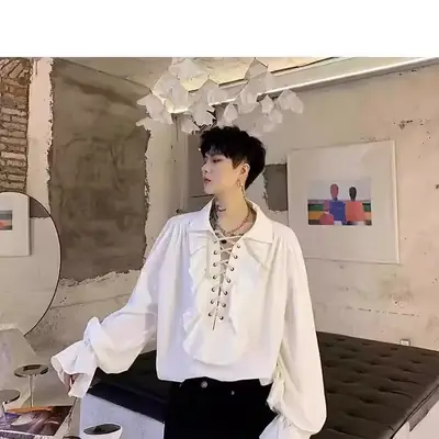 White Ruffled Drawstring Long Sleeve Shirt