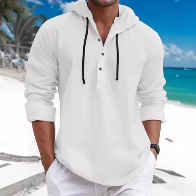Men's White Half-Zip Hooded Sweatshirt with Button Front