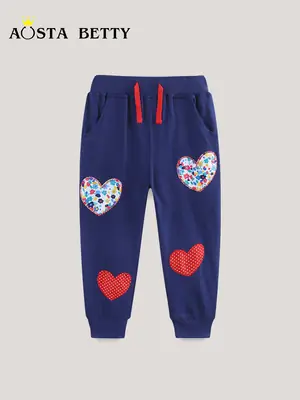 25 Autumn New Girls' Knitted Cotton Trouser Blue Embroidered
