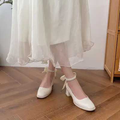 Mary Jane Bow High Heels Square Toe Pearl Chain