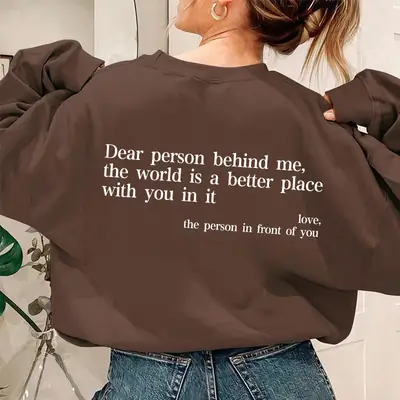 Women Fleece Letter Printed Sweater Brown Casual Top
