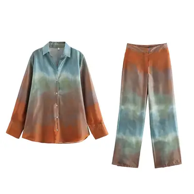 Foreign Trade 2024 Summer New Women's Wear Silk Satin Texture Gradient Loose Shirt Top Tie-Dye Printed Pants suit