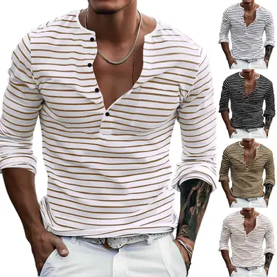 Men Striped Long Sleeve Henry T-Shirt Black White