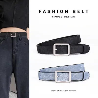 Women Blue Leather Belt with Silver Buckle for Jeans