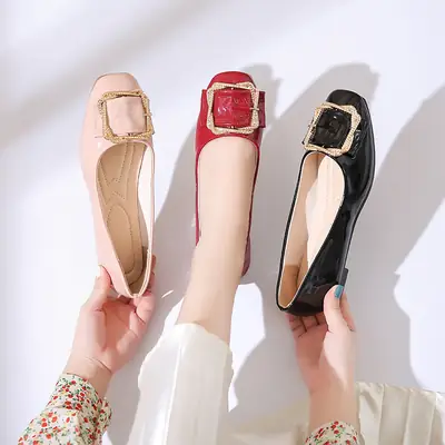 Women Patent Leather Square Toe Low Heel Flats Red