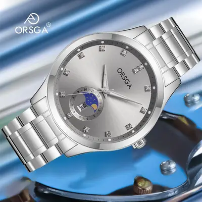 Orsga Men's Gold Dial Blue Leather Watch with Diamond Calendar
